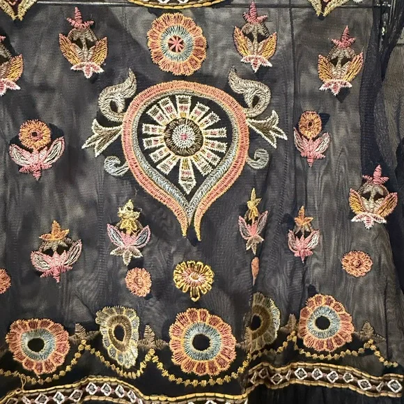 Zara Navy Sheer Blouse with Multicolor Embroidery Size L - Picture 3 of 7